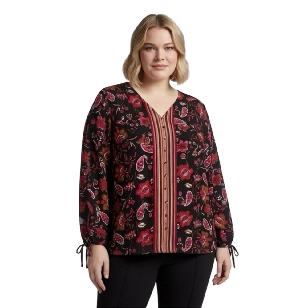 Zac & Rachel Woman 1X Floral Paisley V-Neck Blouse Black Pink Tie Sleeve Top